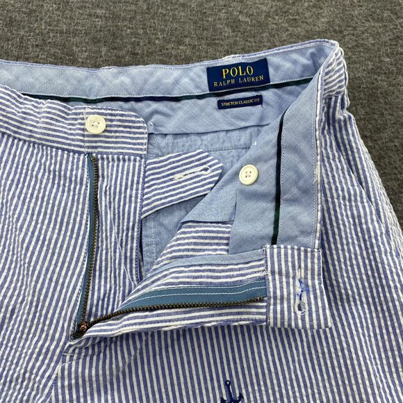 Polo Ralph Lauren Blue Striped Seersucker Anchor Shorts 30 EUC Golf Embroidered - Picture 3 of 12